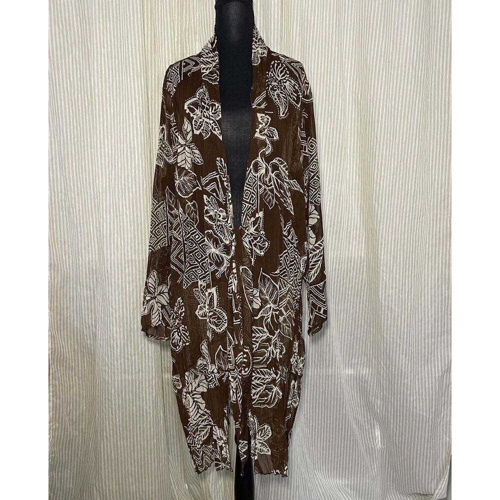 Chicos Size 3 XL Brown White Floral Sheer Long Open Front Kimono Cardigan Duster